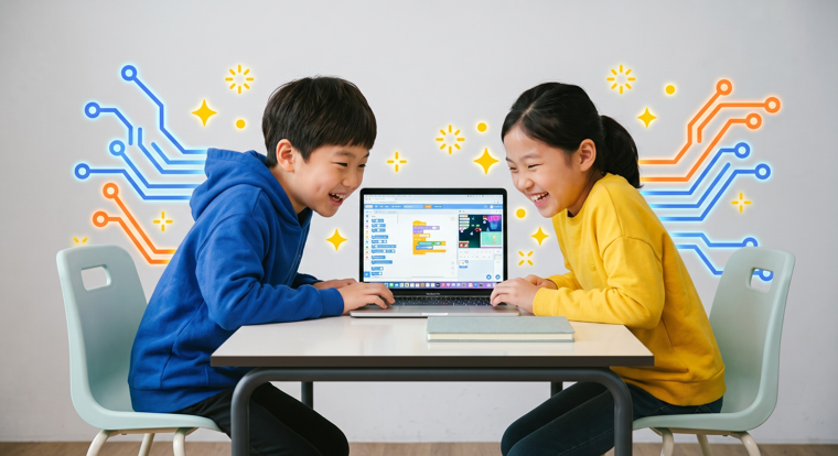 노트북으로 블록 코딩을 하고 회로를 만드는 아이들